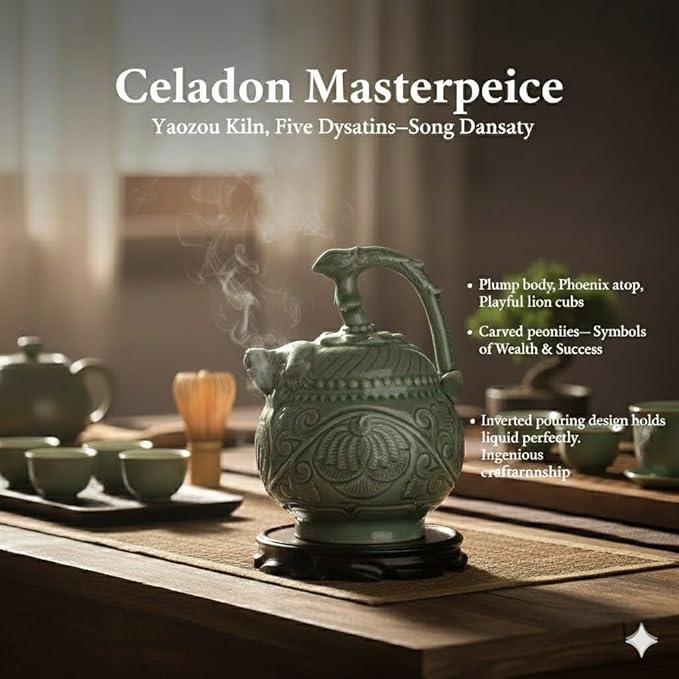 Celadon Inverted Flow Teapot - Handcrafted Chinese Traditional Ceramic Tea Pot with Intricate Carvings, Collectible Art Piece & Functional Teaware