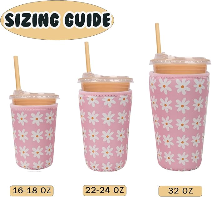 Reusable Insulated Neoprene Iced Coffee Cup Sleeve, Durable Drink Sleeve for Cold Beverages, Beverage Holder for Iced Coffee, Pink Daisies