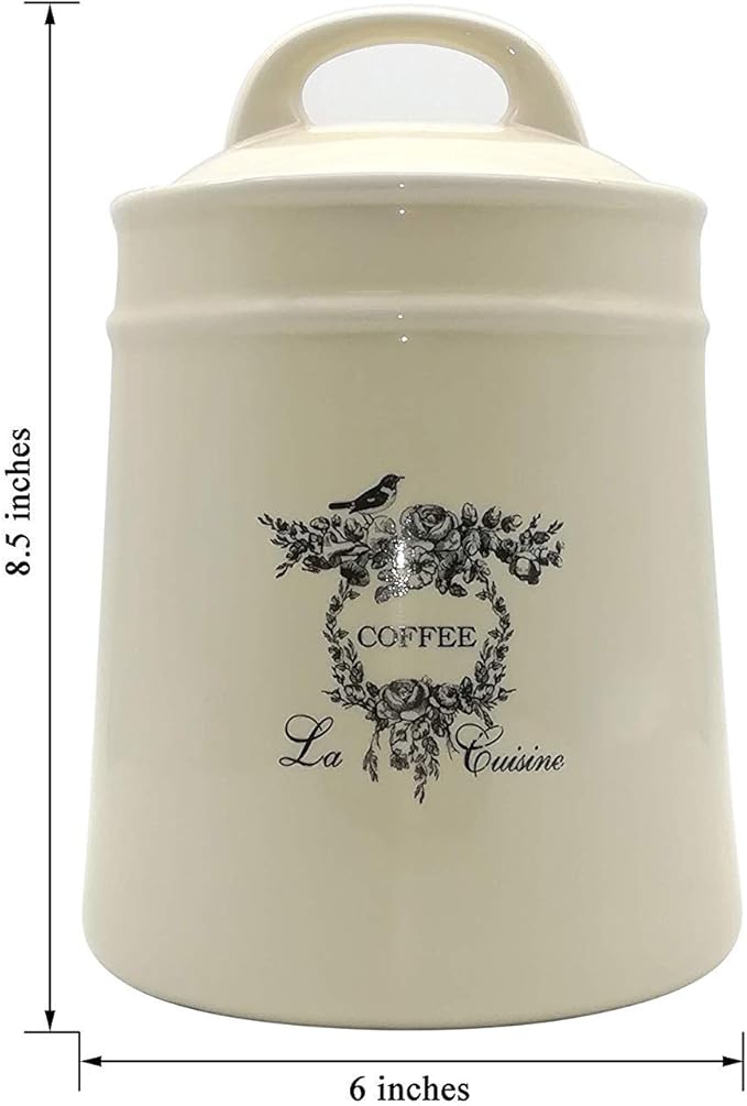 Ceramic Coffee Canister Jars,Airtight Coffee Storage Container with Handle Lid,Ceramic Food Storage Jars for Coffee Beans,Vacuum Sealed Vintage Kitchen Canisters Large,8.5 inches (Beige)
