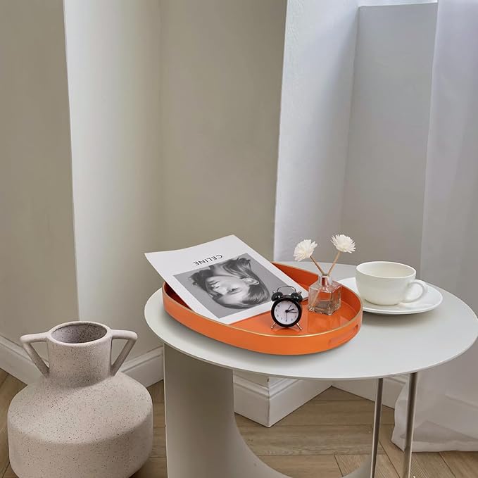 MAONAME Orange Decorative Tray, Oval Serving Tray with Handles, Plastic Trays for Coffee Table, Ottoman Trays for Living Room, Bathroom, 15.6" X 10.6" X 1.4"