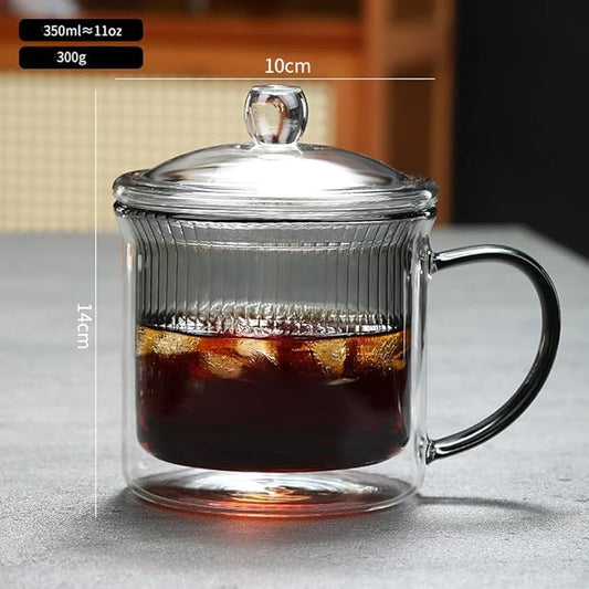 11OZ Double Walled Coffee Mugs Glass with Lid Handles,Cups for Latte,Hot Tea,Cappuccino, Mocha,Cocoa,Hot & Cold Beverages Glasses Heat Resistant Coffee Cups