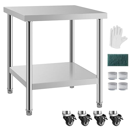 NSF Stainless Steel Table for Prep & Work with Caster 30x24 Inches, Metal Commercial Kitchen Table with Under Shelf and AdjustableTable Foot for Restaurant, Home and Hotel