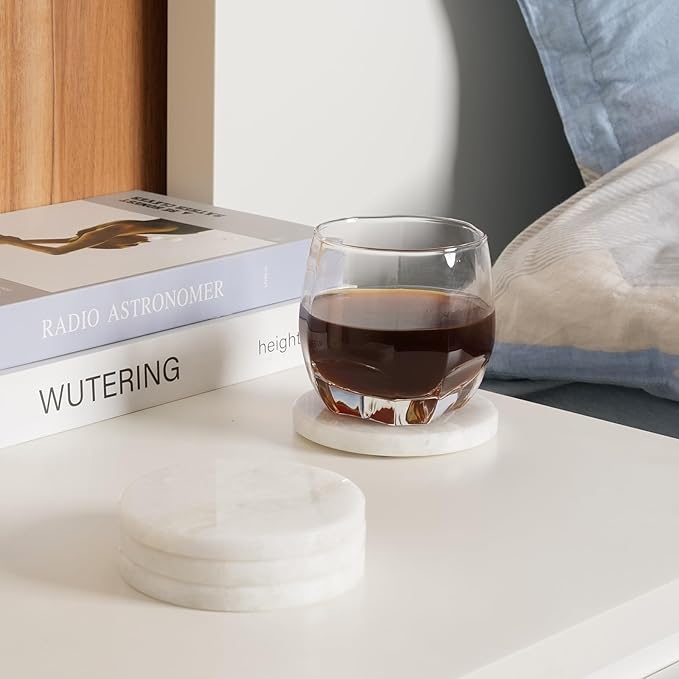 BCS Marble Coasters Set of 6 - Premium White Stone Coasters for Drinks with Holder - Cup Mats for Coffee, Tea, Beer, Wine - Elegant Table Decor for Home, Office, Dining