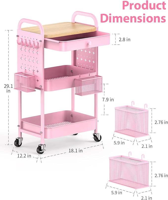 ALVOROG Rolling Cart with Drawer and Wood Table Top, 3 Tier Metal Rolling Utility Cart on Wheels with DIY Pegboards, Hanging Baskets,Hooks for Kitchen, Bedroom, Office, Craft Supplies