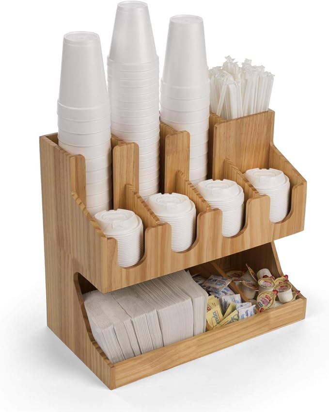Displays2go Café Coffee Supply Station, 11 Compartments – Pine (FSWDCOT11)
