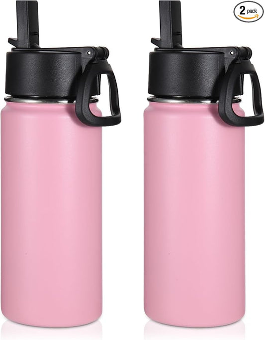 Volhoply 16 OZ Kids Water Bottle Bulk 2 Pack,Insulated Sports Bottles with Straw Lid,Stainless Steel Bottle with Handle Keep Cold & Hot,Double Wall Vacuum Tumbler Cups for School,Girls(Pink, 2)