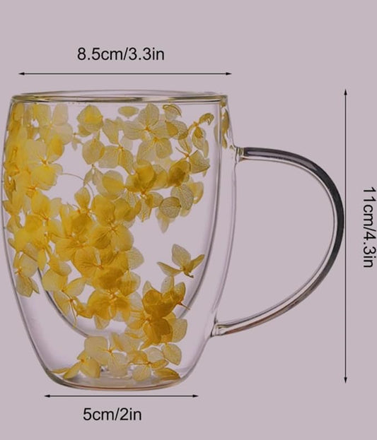 Leilanis Double Wall Glass Coffee Mug, Floral Design, Transparent Cup with Autumn Flowers (style 3)