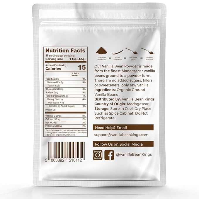 Vanilla Bean Powder - 100% Pure Ground Madagascar Vanilla Powder - For Cooking, Baking, & Additional Flavoring - Add To Coffee, Tea, Yogurt, & Shakes - Raw, Unsweetened, No Fillers or Additives - 1 oz