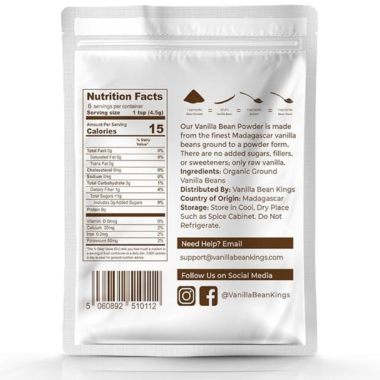 Vanilla Bean Powder - 100% Pure Ground Madagascar Vanilla Powder - For Cooking, Baking, & Additional Flavoring - Add To Coffee, Tea, Yogurt, & Shakes - Raw, Unsweetened, No Fillers or Additives - 1 oz