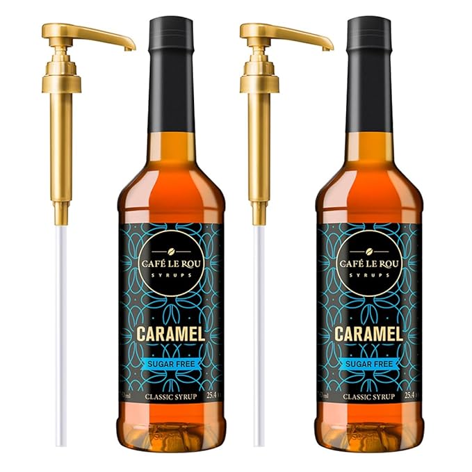 NEW Café Le Rou Coffee Syrup Sugar Free Caramel, 25.4oz (Pack of 2)*Includes 2 Coffee Syrup Pumps*Cafe Coffee Flavoring Syrup for Coffee, Tea, and Espresso