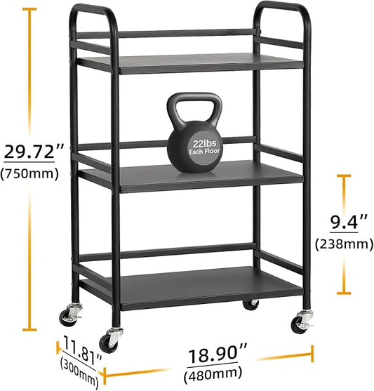 HDANI 3 Tier Rolling Cart Shelves,Heavy Duty Multifunctional Metal Frame-Supports 22 Lbs Per Tier,Rolling Cart with 2 Lockable Wheels for Home,Office,Kitchen,Bathroom,Bedroom,Black