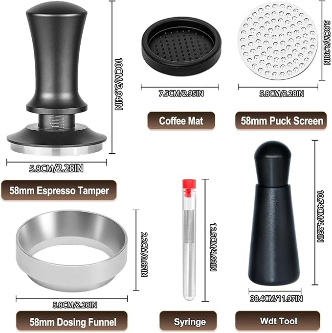 58mm Espresso Accessories Kit, Spring Loaded Calibrated Tamper, WDT Tool, Puck Screen and Dosing Funnel Set Fits Delonghi 58 mm Espresso Coffee Machines and Portafilter, Professional Barista Tools