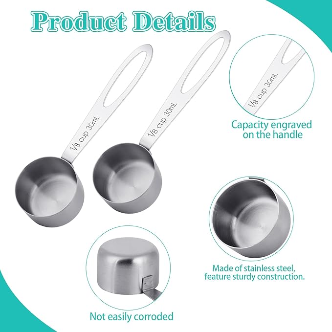 2Pcs 1/8 Cup Measuring Cup, 30ml Scoop, Stainless Steel Measuring Cups, Coffee Scoops, Measuring Scoops Tablespoon Measure Spoon, Long Handle Cooking Measuring Scoop(30ML)