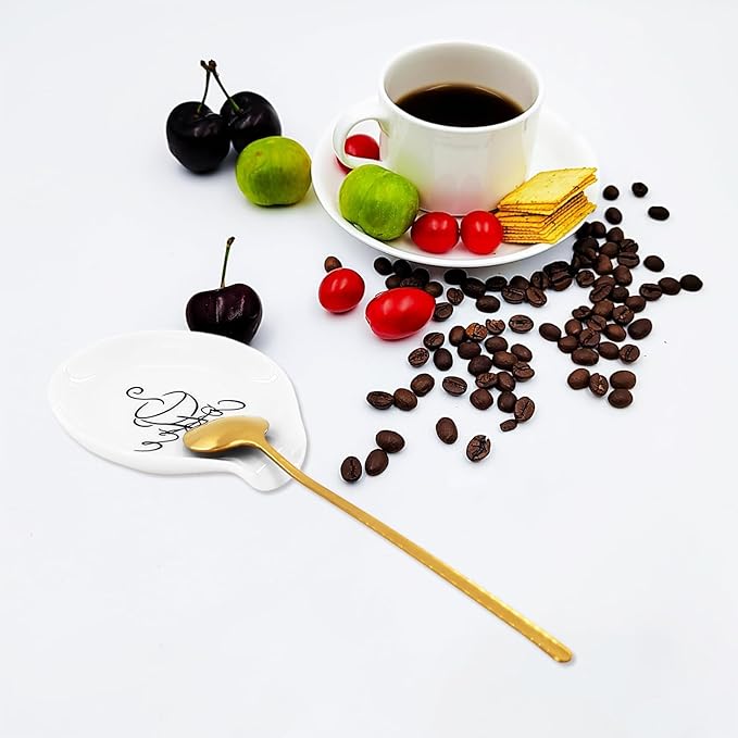 2 Pcs Coffee Spoon Rest, Monogram Ceramic Spoon Holder for Tablespoon, Teaspoon, Bar Spoon, With 2 Pcs Spoon for Coffee Lovers Girlfriend Wife Husband Anniversary Friends