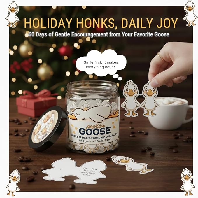 Positive Goose Jar with 60 Affirmation Cards, Emotional Support Goose Decor, Silly Desk Present for Goose Lovers, Mental Health Motivation Jar for Women and Teens, Funny Gag Gift Idea