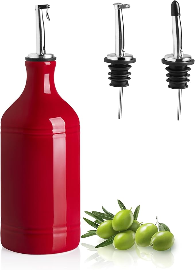 Sweejar Ceramic Olive Oil Dispenser Bottle, Opaque Oil Cruet Protects to Reduce Oxidation, Suitable for Storage Vinegar, Coffee Syrups & Other Liquids, Pack of 1, 15.5 Fl Oz(Red)