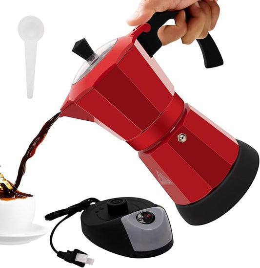 Vaolvpant Electric Aluminum Moka Pot 5-6 Cup 270ml Espresso Maker with Detachable Base Ideal Coffee Makers for Home MochaPot Italian and Cuban Café Coffeemaker Espressomaker CoffeePot Red