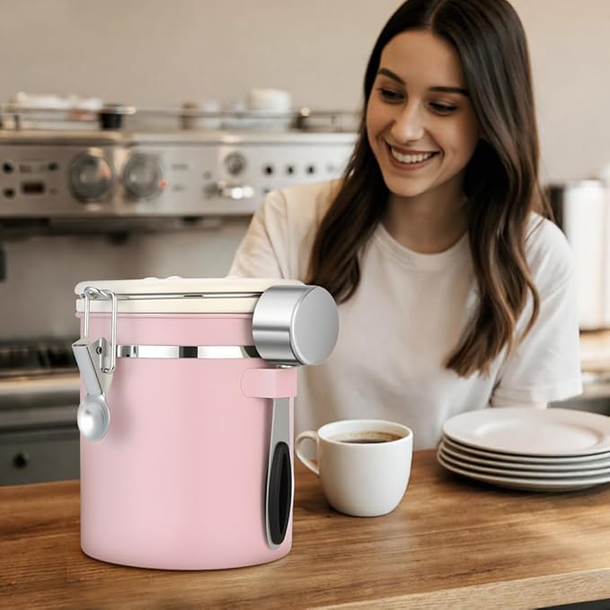 ShanSon Coffee Canister Airtight Coffee Container Stainless Steel Coffee Bean Storage Container with Scoop Coffee Canister for Beans Grounds Sugar Flour Tea Cereal,11OZ, Pink