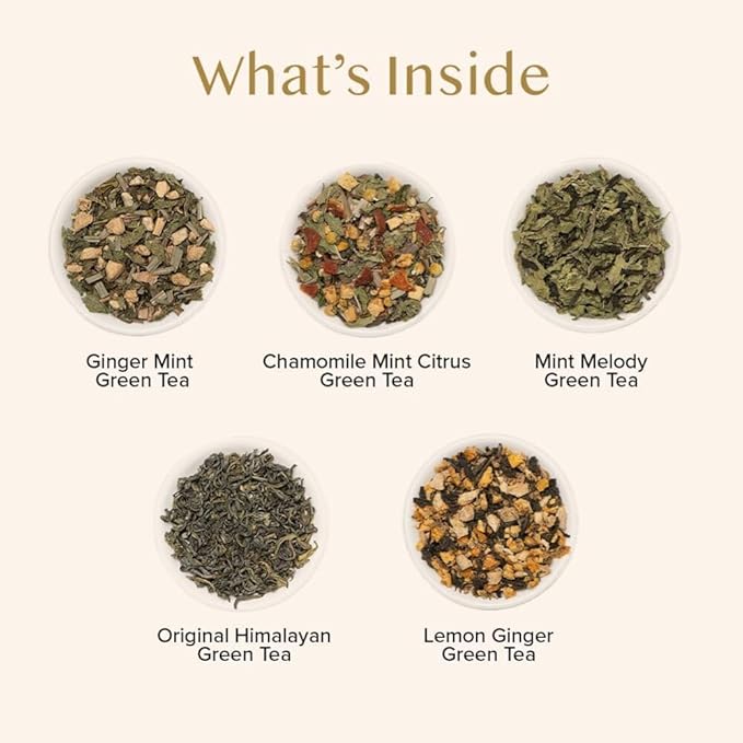 VAHDAM, Assorted Green Tea Bags Sampler (5 Flavors, 20 Ecofriendly Pyramid Tea bags) I Valentines Day Gifts for Him & Her | Himalayan Green Tea Varieties | Gluten Free & Non GMO