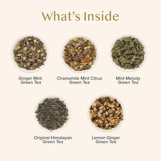 VAHDAM, Assorted Green Tea Bags Sampler (5 Flavors, 20 Ecofriendly Pyramid Tea bags) I Valentines Day Gifts for Him & Her | Himalayan Green Tea Varieties | Gluten Free & Non GMO