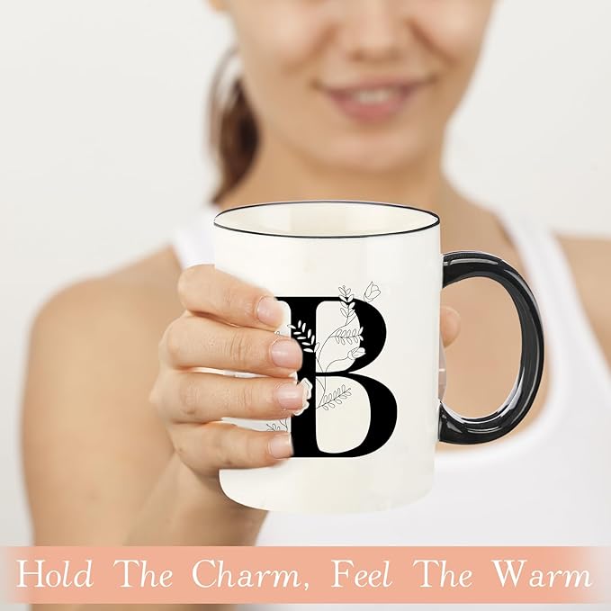 Monogram Ceramic Coffee Mugs, 11 oz Initial Drinking Cup with Gift Box, Unique Birthday Valentines Day Gifts for Women Wife Mothers Day Grandma Mom Aunt, B