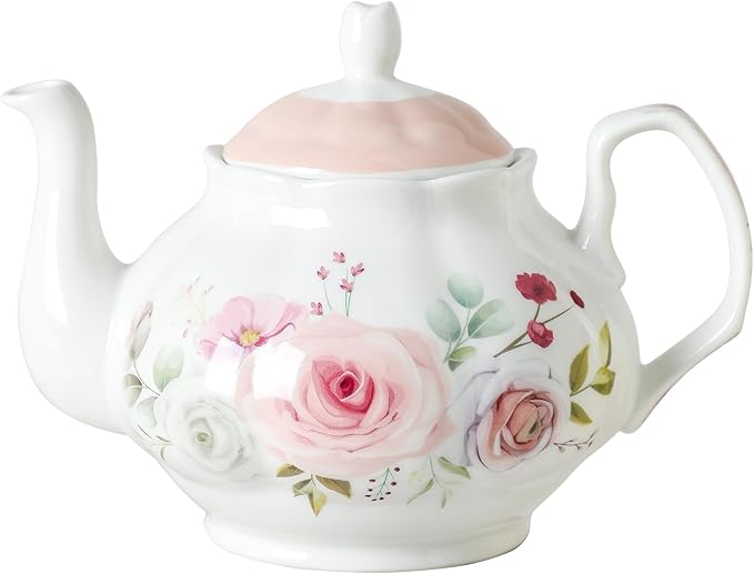 27oz Floral Porcelain Teapot, Classic Ceramic Teapot for Loose Leaf Tea & Tea Bags, Elegant Small Teapot with Rose Pattern, Dishwasher Safe