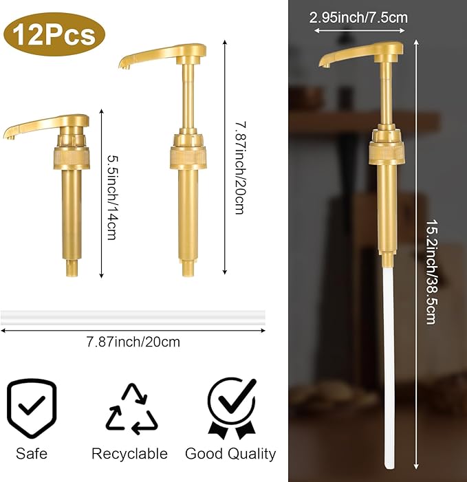 12 Pcs Coffee Syrup Pump with Tip Cover, Gold Reusable Coffee Syrup Pump Dispenser Fits 750 ml Skinny Bottles, Great for Home, Coffees Bar Drinking Mixes, Tea, Beverage, Cocktails