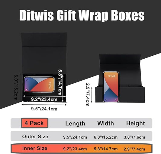 Ditwis 4 Pack 9.5x6x3 Inches Gift Boxes with Magnetic Closure Lids, Black Magnetic Box with Ribbon for Wedding, Groomsmen Bridesmaid Proposal, Birthdays, Mother's Day