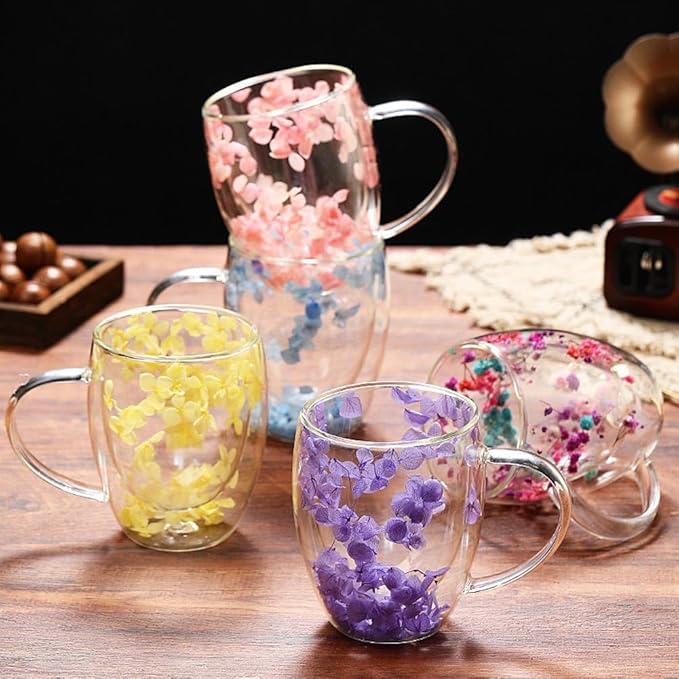 Double Wall Glass Coffee Mugs, 12 oz Clear Floral Insulated Glass Cups with Handle, Hand Blown Borosilicate Coffee Mug for Espresso, Cappuccino, Latte, Tea & Hot Beverages (Mix)