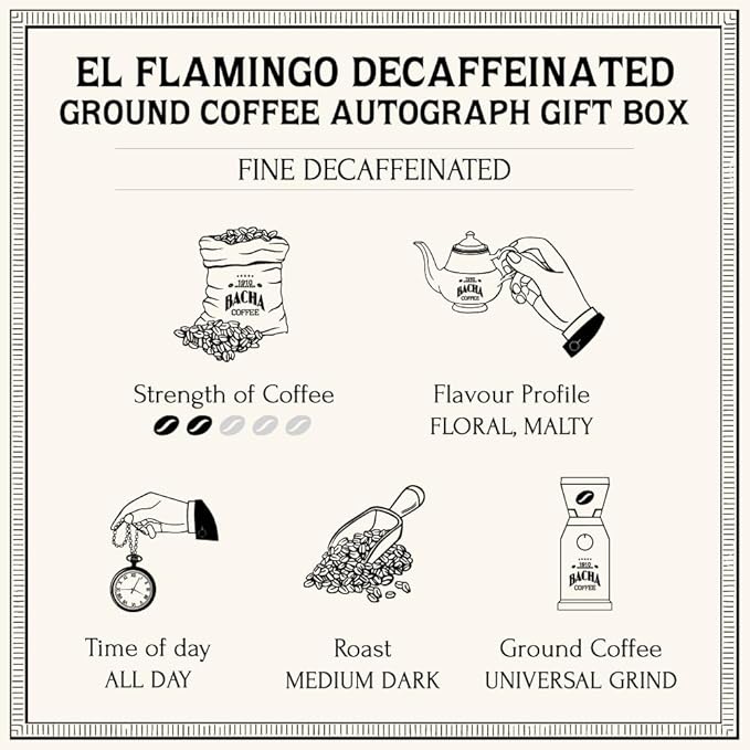 Bacha Coffee | El Flamingo Decaf Single Origin, Ground Beans, Medium Dark Roast, 100% Arabica Specialty Coffee, 250g Autograph Collection, Gift Box