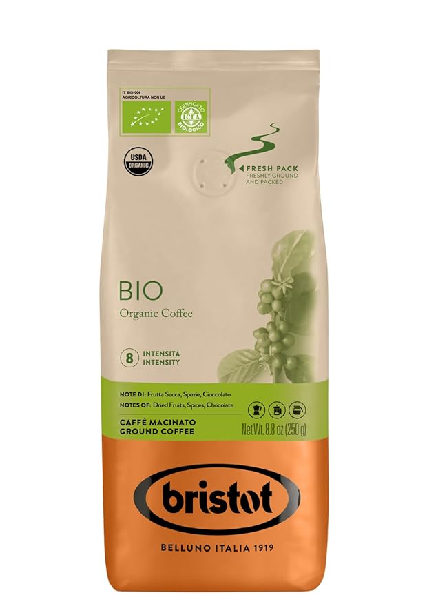 Bristot Organic Ground Espresso – Medium Roast Italian Coffee – For Moka, French Press & Pour Over – 8.8 oz (250g) – USDA Certified