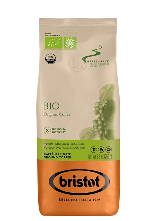 Bristot Organic Ground Espresso – Medium Roast Italian Coffee – For Moka, French Press & Pour Over – 8.8 oz (250g) – USDA Certified