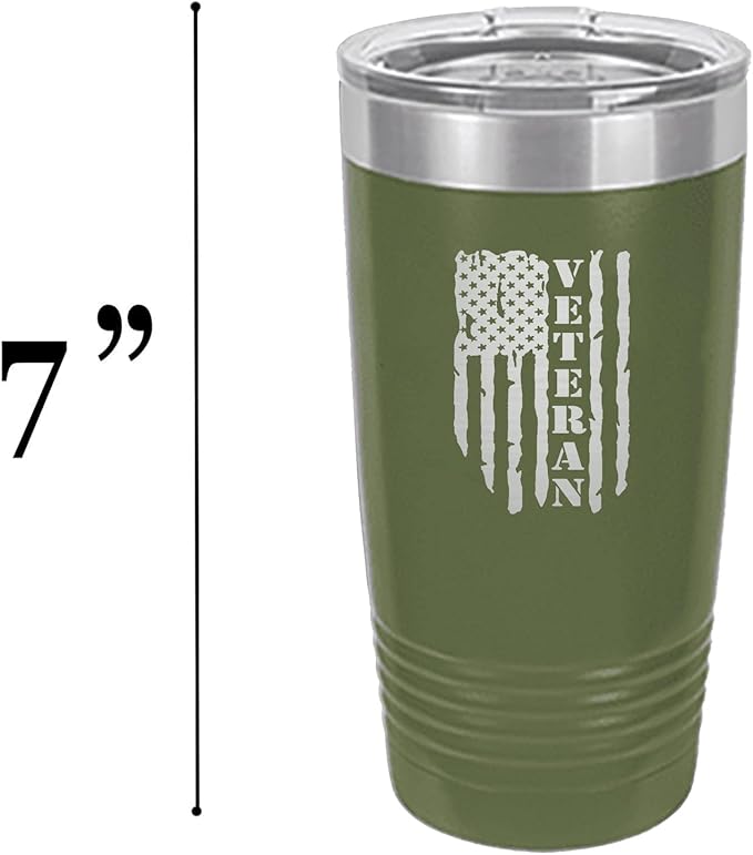 Rogue River Tactical USA Flag Veteran 20 Oz. Travel Tumbler Mug Cup w/Lid Vacuum Insulated Hot or Cold Military Vet Gift (Green)