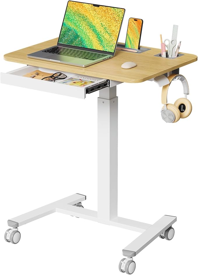 Mobile Standing Desk with Drawer, 28" Rolling Desk with Cup Holder and Hooks, Portable Laptop Workstation on Wheels, Height Adjustable Cart with Storage for Home Office, Maple