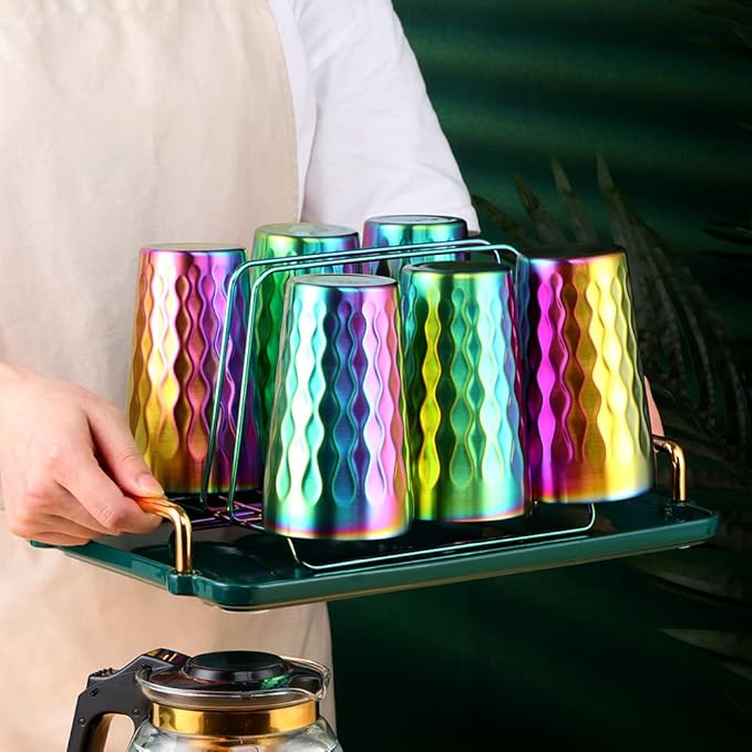 10oz Stainless Steel Cup Set, 6Pcs Double Wall Metal Cup，Vacuum Stackable Insulated Portable Drinking Tumblers Unbreakable Glasses，for Home Outdoor Restaurant (Rainbow Color)