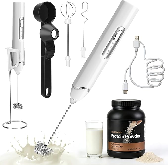 Juome Frother for Protein Powder - Rechargeable 4-in-1 Protein Mixer Wand Set, Protein Powder Scoop Funnel, Waterproof Electric Drink Frother Wand for Milk, Coffee, Lattes, Matcha & Creamer (White)