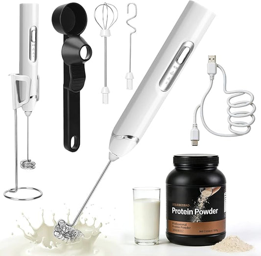 Juome Frother for Protein Powder - Rechargeable 4-in-1 Protein Mixer Wand Set, Protein Powder Scoop Funnel, Waterproof Electric Drink Frother Wand for Milk, Coffee, Lattes, Matcha & Creamer (White)