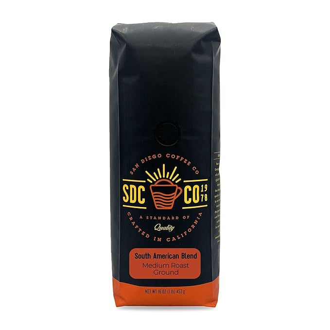 San Diego Coffee South American Blend, Medium Roast, Ground Coffee, 16-Ounce Bag Café molido tostado