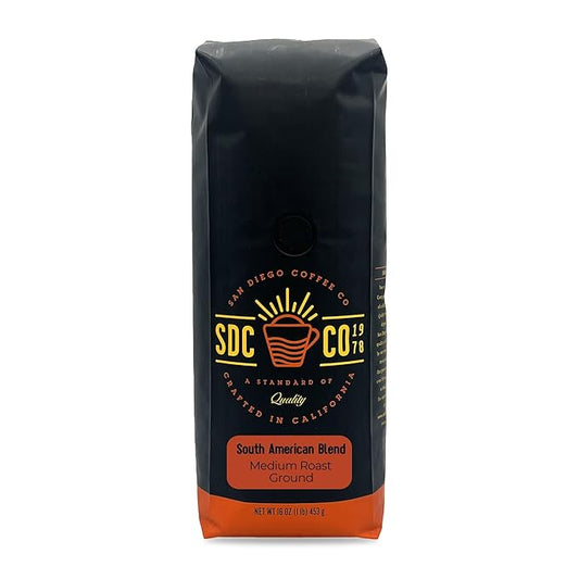San Diego Coffee South American Blend, Medium Roast, Ground Coffee, 16-Ounce Bag Café molido tostado