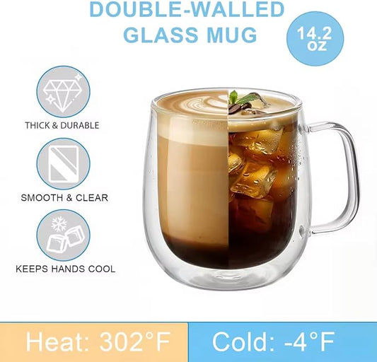 Roran Double Wall Glass Coffee Mugs, Clear Borosilicate Glass with Handle, 14.2oz, 2 Piece Set, High-Heat Resistant