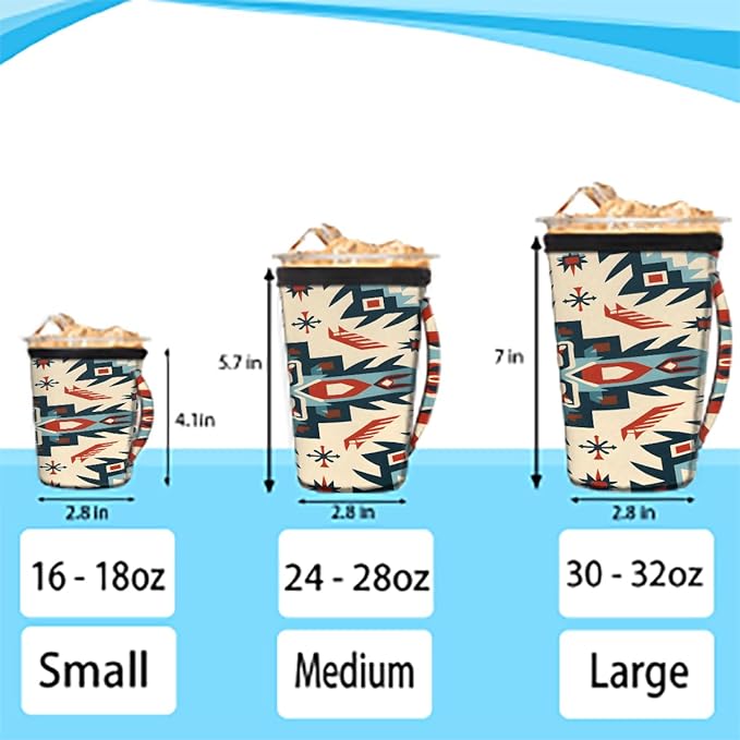Reusable Iced Coffee Cup Sleeve Aztec Western Neoprene Insulated Sleeves Cup Holder with handle Idea for 24oz - 28oz