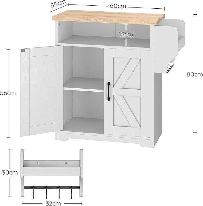 Coffee Bar Cabinet, Kitchen Island with Storage, Farmhouse Sideboard Buffet Cabinet with Dual-Purpose Floating Shelf and Hooks, for Kitchen Living Room, White and Natural KF22WN