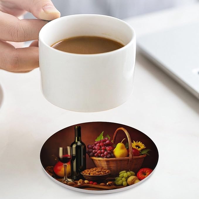 Red Wine Drink Coasters, Round Ceramic Drink Coaster Round-4PCS, Retro Red Wine Bottle and Grapes Fruit Basket Pattern Decor Absorbent Ceramic Coasters for Beverage Cup, Bar, Coffee Table