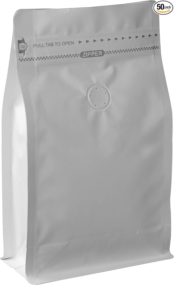 High Barrier Aluminium Foil Liner White Kraft Paper Coffee Bags, Flat Bottom Coffee Pouches with Degassing Valve, Food Storage Bags with Rsealable Zipper & Easy Open Tape (50pcs, 16oz/1lb)