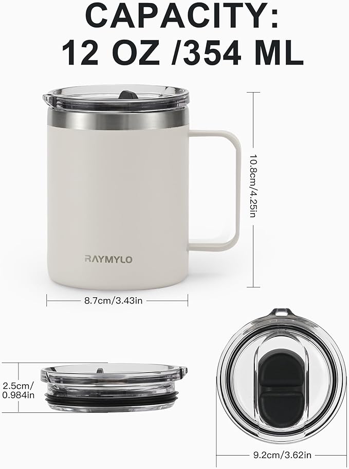 Insulated Coffee Mug 12 oz, Double Wall Stainless Steel Coffee Mug with Lids, Leak-Proof & Detachable Slider Lid for Thorough Clean, Keeps Coffee Cold for 9 Hrs, Suitable for Camp Home Office