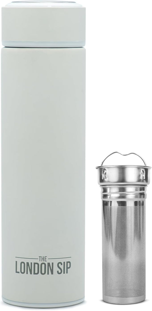London Sip 16.9 oz Multi-Purpose Tea Infuser Mug – Fruit Infuser Water Bottle for Hot and Cold – Double Wall Stainless Steel Insulated, Pearl White