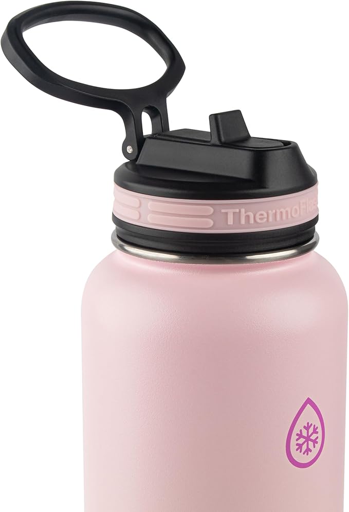 ThermoFlask Stainless Steel Water Bottles 2-Pack - Double-Wall Vacuum Insulated 40 oz BPA-Free Spout Lids - Keeps Drinks Cold 24 Hrs, Hot 12 Hrs - Leakproof, Dishwasher Safe, Black/Rose Purple