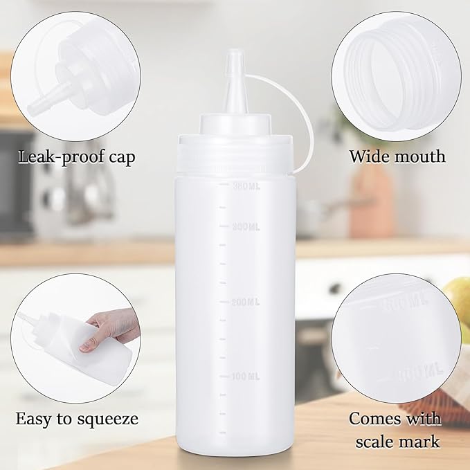 Katfort Condiment Squeeze Bottles Ketchup Dispenser, 4 Pack 12oz Squeeze Bottles for Liquids, Plastic Sauce Bottle with Cap Lid, Squirt Bottles for Sauces Liquids BBQ Dressing Pancake Art