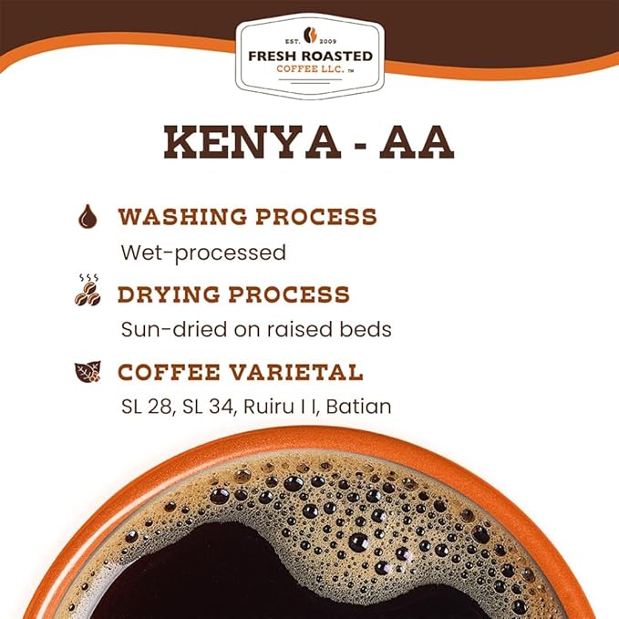 Fresh Roasted Coffee, Kenya AA, 12 oz, Med-Dark Roast, Kosher, Whole Bean