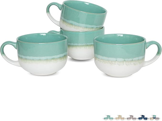 Bosmarlin Ceramic Coffee Mug Set of 4, 16 Oz, Jumbo Latte Mugs, Dishwasher and Microwave, Unique Reactive Glaze (Mint Green, 16 Oz)